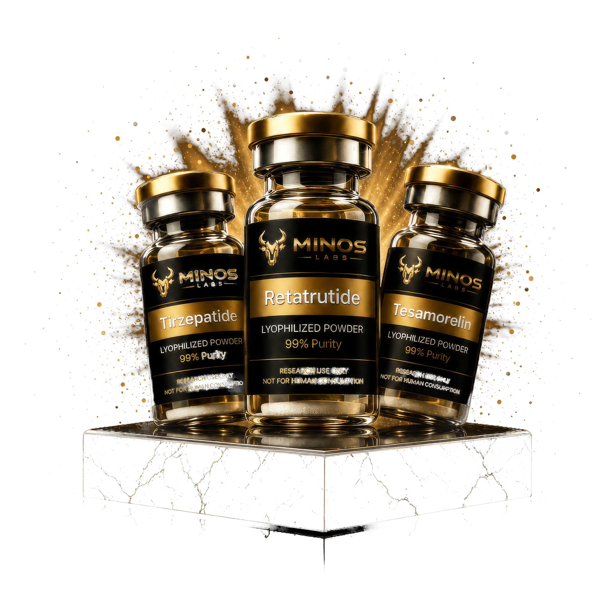 Minos Labs research-grade peptide vials on a gold-edged marble podium