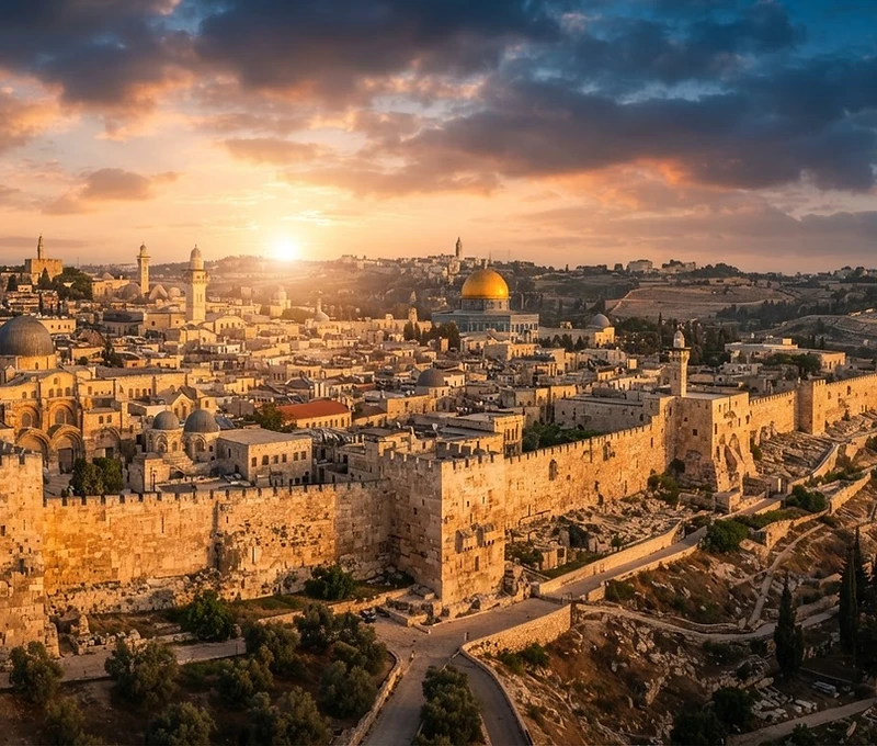 Panoramic cinematic view of the Old City of Jerusalem at dawn