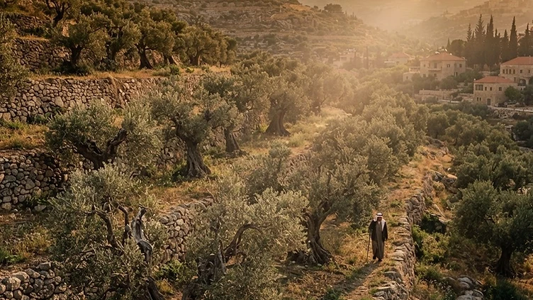 Ancient Palestinian olive grove at golden hour