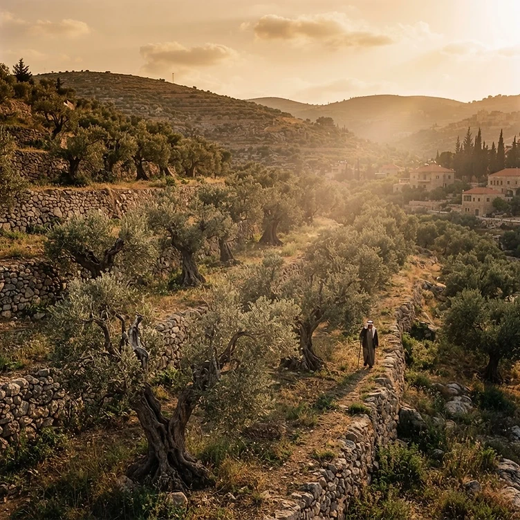Ancient Palestinian olive grove at golden hour