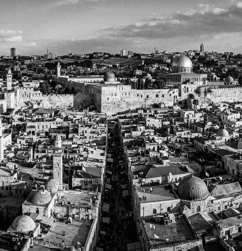 Black and white aerial view of the Old City of Jerusalem