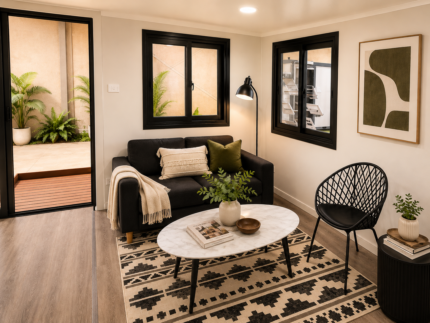 Real footage — BPA cottage interior living area with sofa, coffee table and window outlook