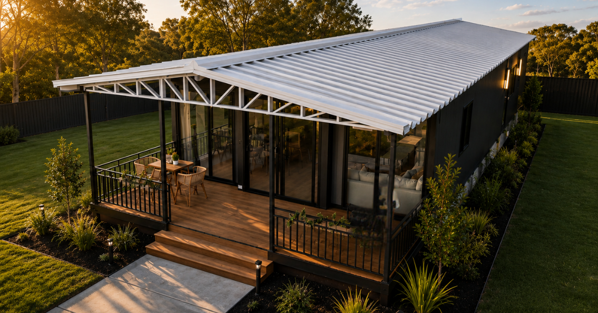 Real BPA cottage with black cladding and a white gabled roof, sited in a Victorian garden at golden hour