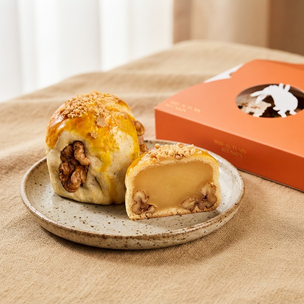 A traditional baked mooncake with a golden crust and visible walnut pieces inside.