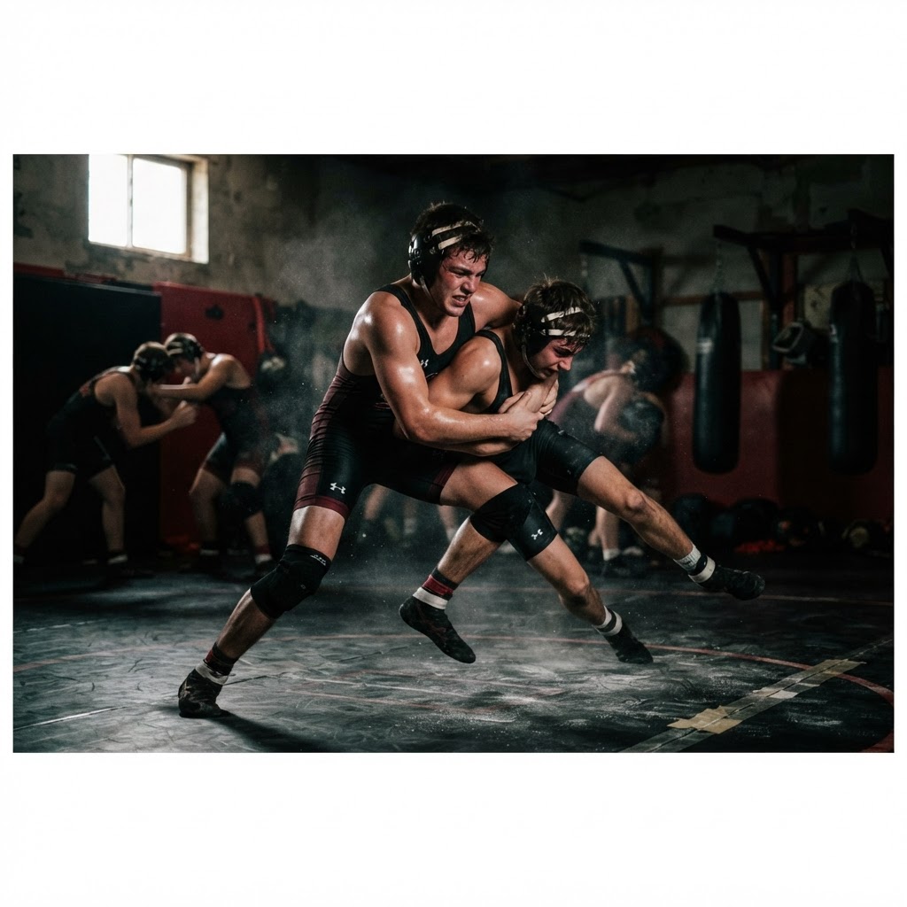 Wrestlers drilling in the Dead Shot room