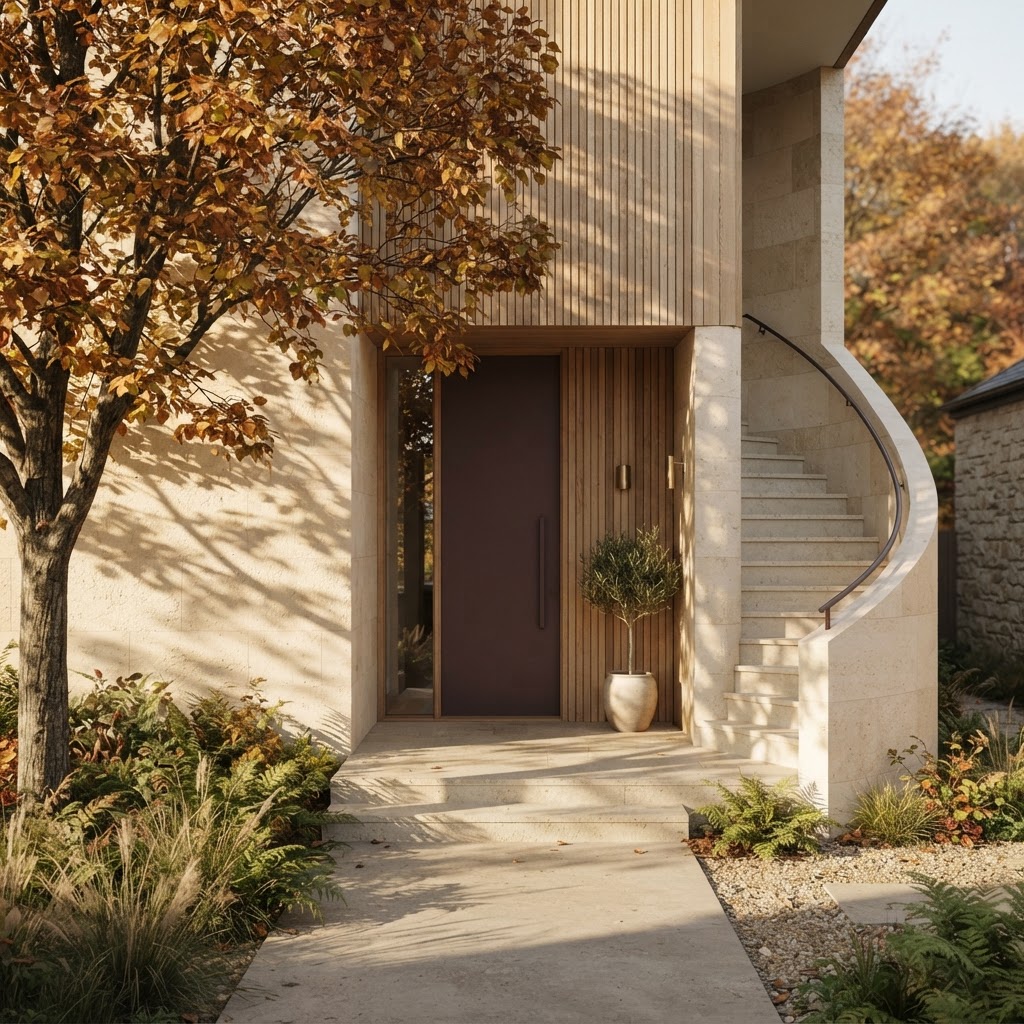 Illustrative contemporary architecture with natural stone and a welcoming entrance; not a property listing