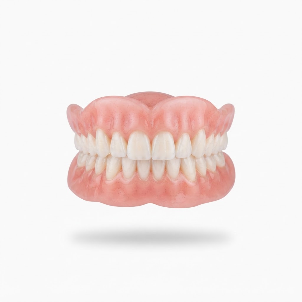 A pristine set of modern digital dentures, floating