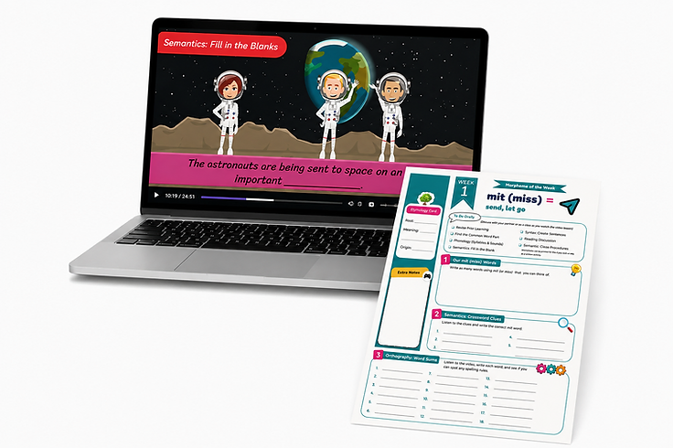 A Morphology Made Easy video lesson on a laptop with an accompanying printable worksheet