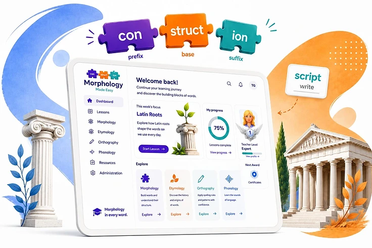 Morphology Made Easy dashboard with morphemes, bases, prefixes and suffixes for a primary school classroom