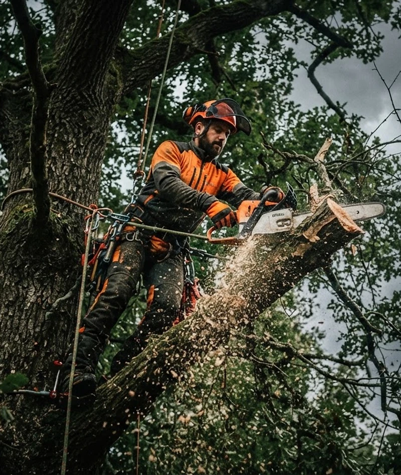 Paysagiste et élagueur en intervention sur un chantier d'élagage à Dole dans le Jura