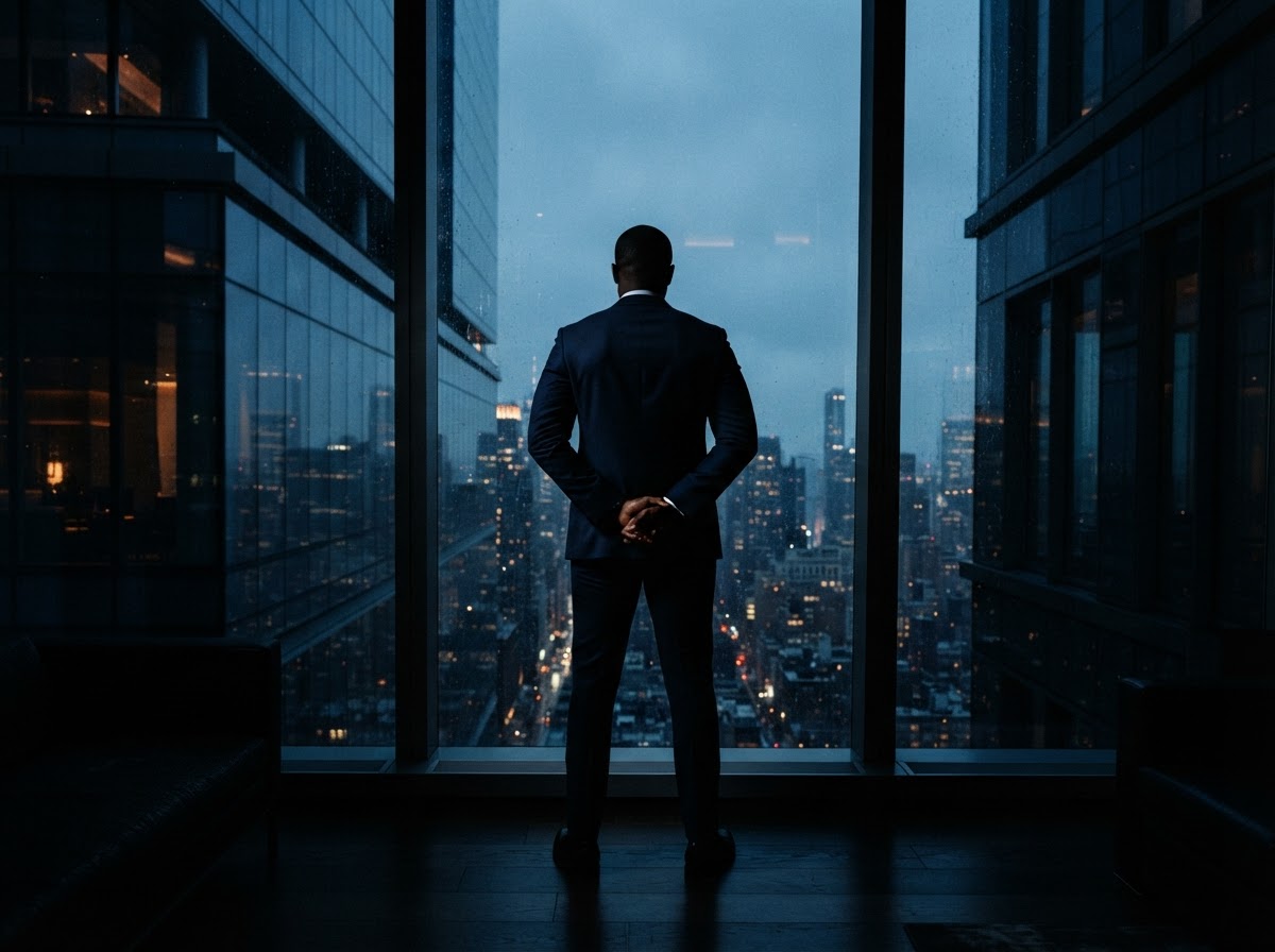 Silhouette of a figure standing before a skyscraper window, hands clasped behind the back