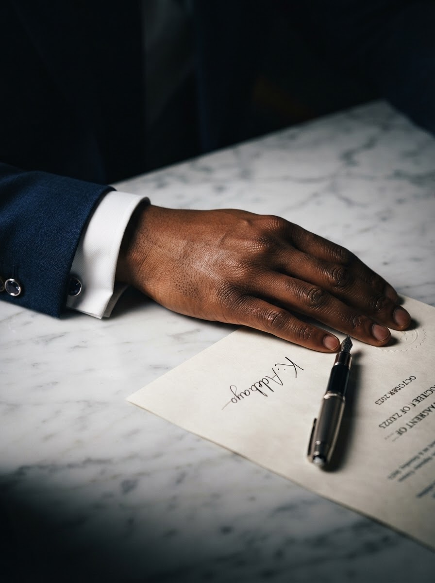 Macro photograph of a hand in a navy suit cuff resting on a marble desk, emphasizing precision and authority