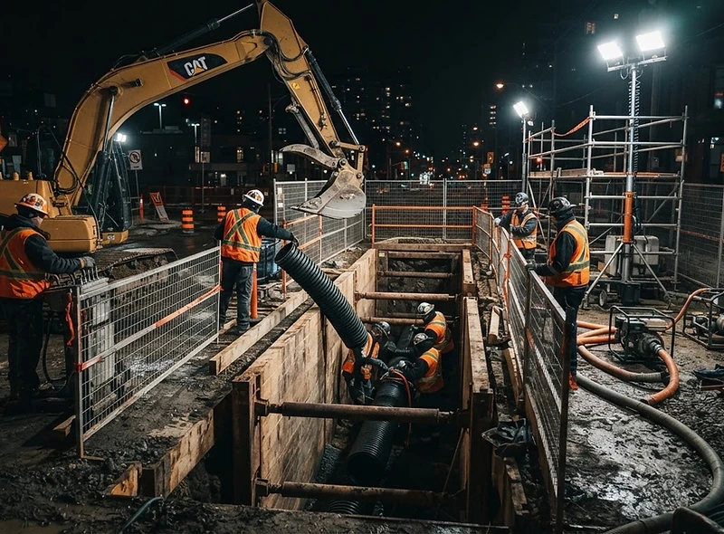 OLEX drainage work site with safety barriers and high-visibility equipment