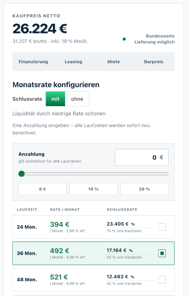 Monatsrate mit Anzahlung Laufzeit und Schlussrate konfigurieren