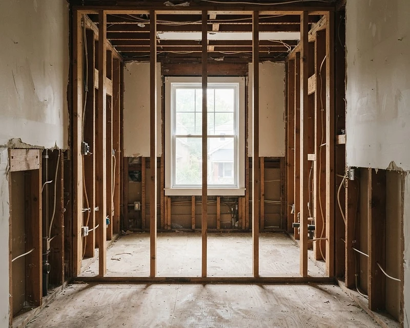 Kitchen interior during demolition with exposed framing