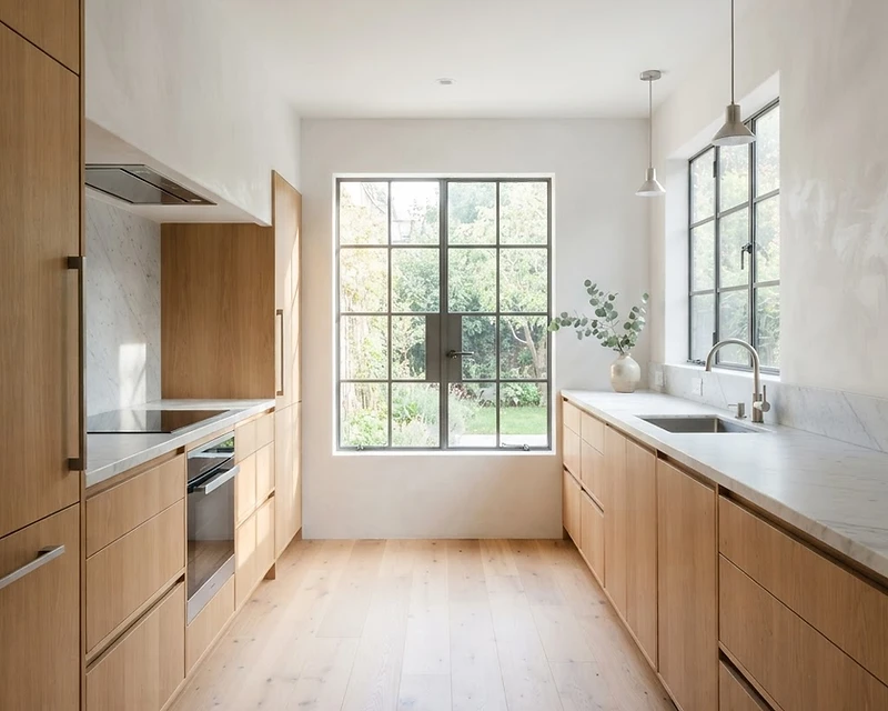 Completed kitchen renovation with oak cabinetry and marble countertops