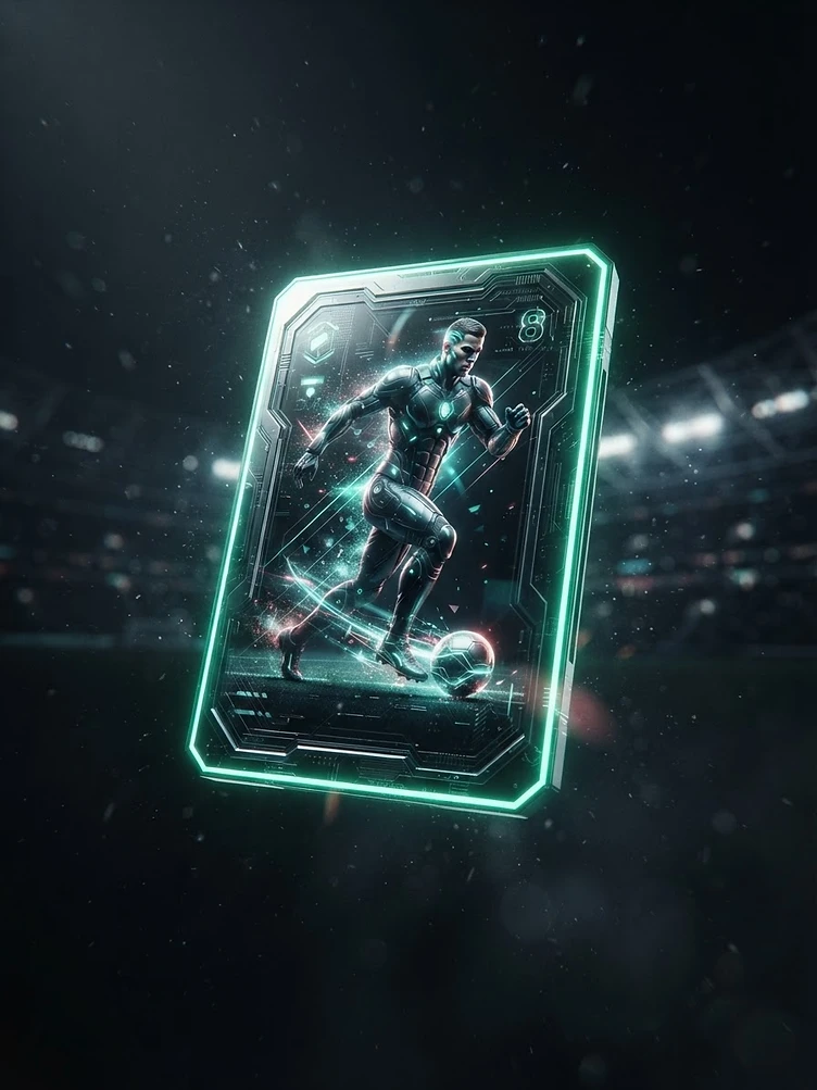 3D rendered football player card with neon rim lighting