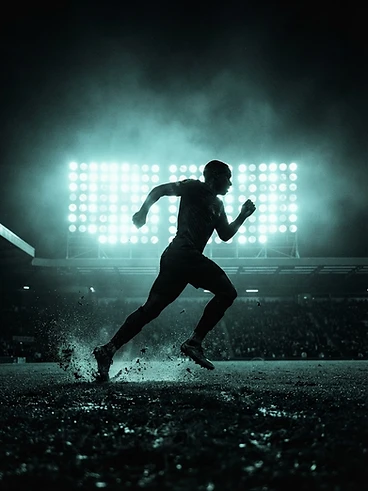 Footballer silhouette against stadium floodlights