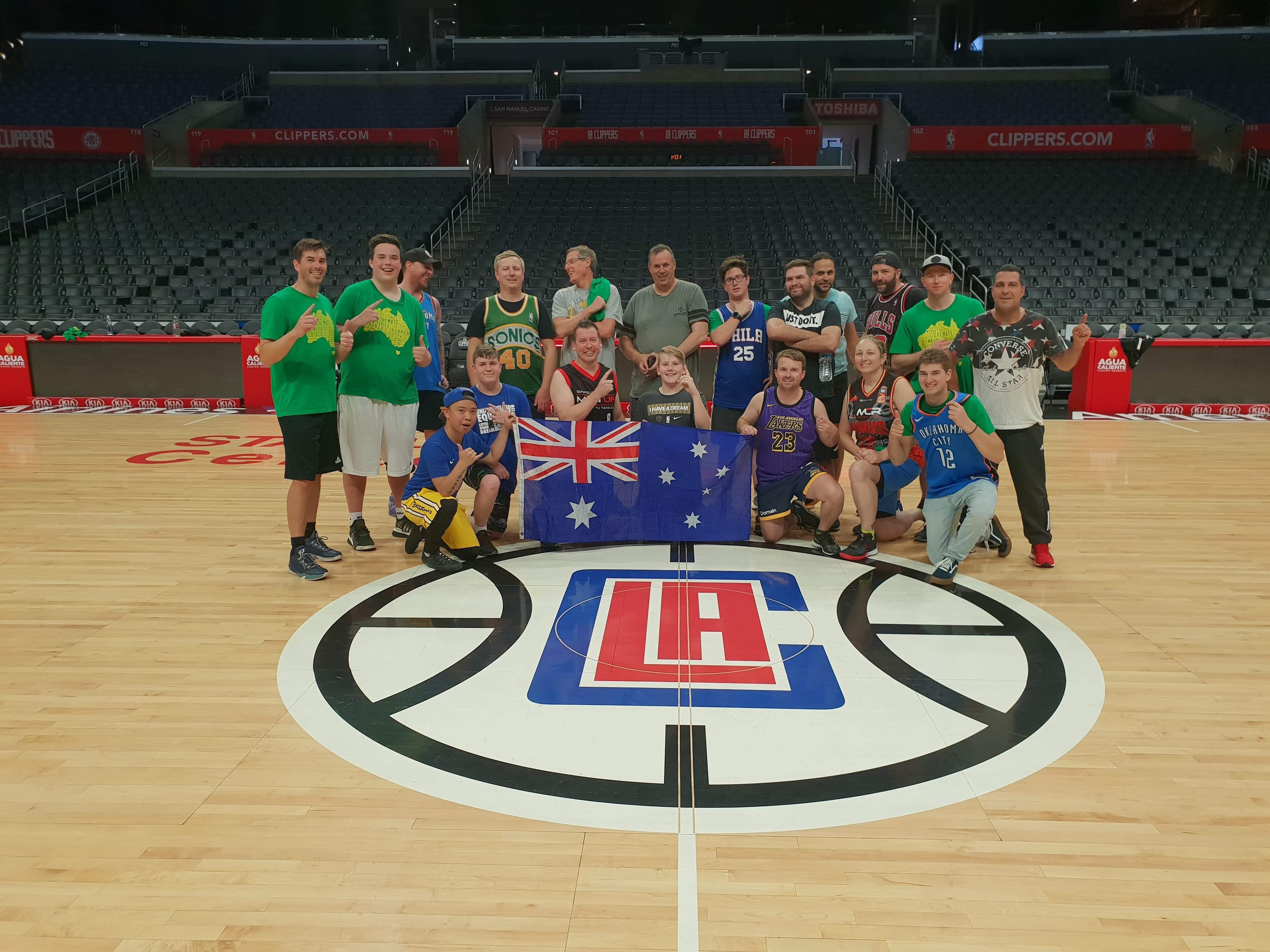 Dream Hoop Tours group with Australian flag on the LA Clippers NBA court