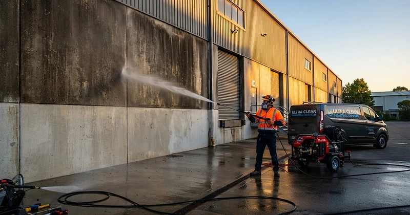 Commercial pressure washing a warehouse exterior by Gates Pressure Washing