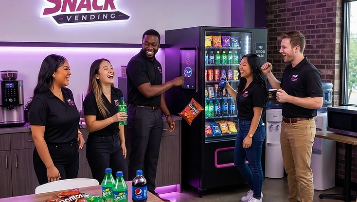 Modern office breakroom glowing with vending machine light