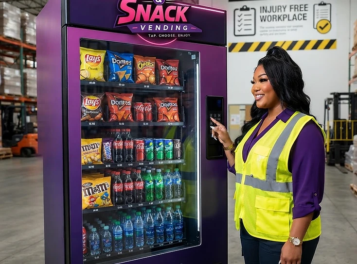 Modern black vending machine with glowing magenta tap-to-pay interface