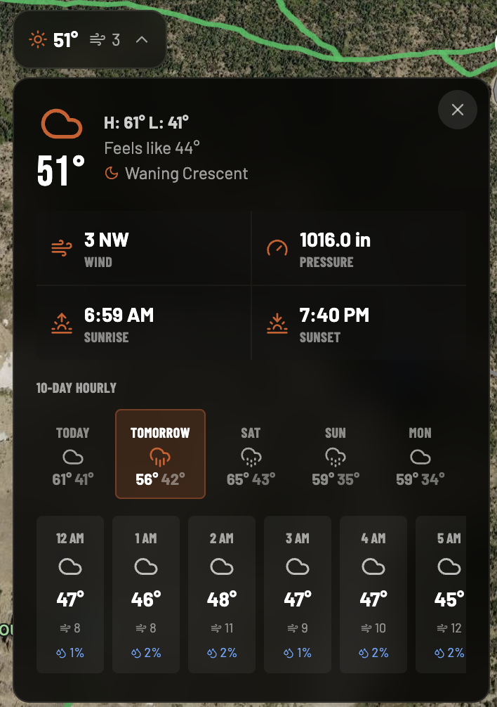 KYPE Maps weather panel with current conditions, 2x2 metric grid, and 10-day hourly forecast