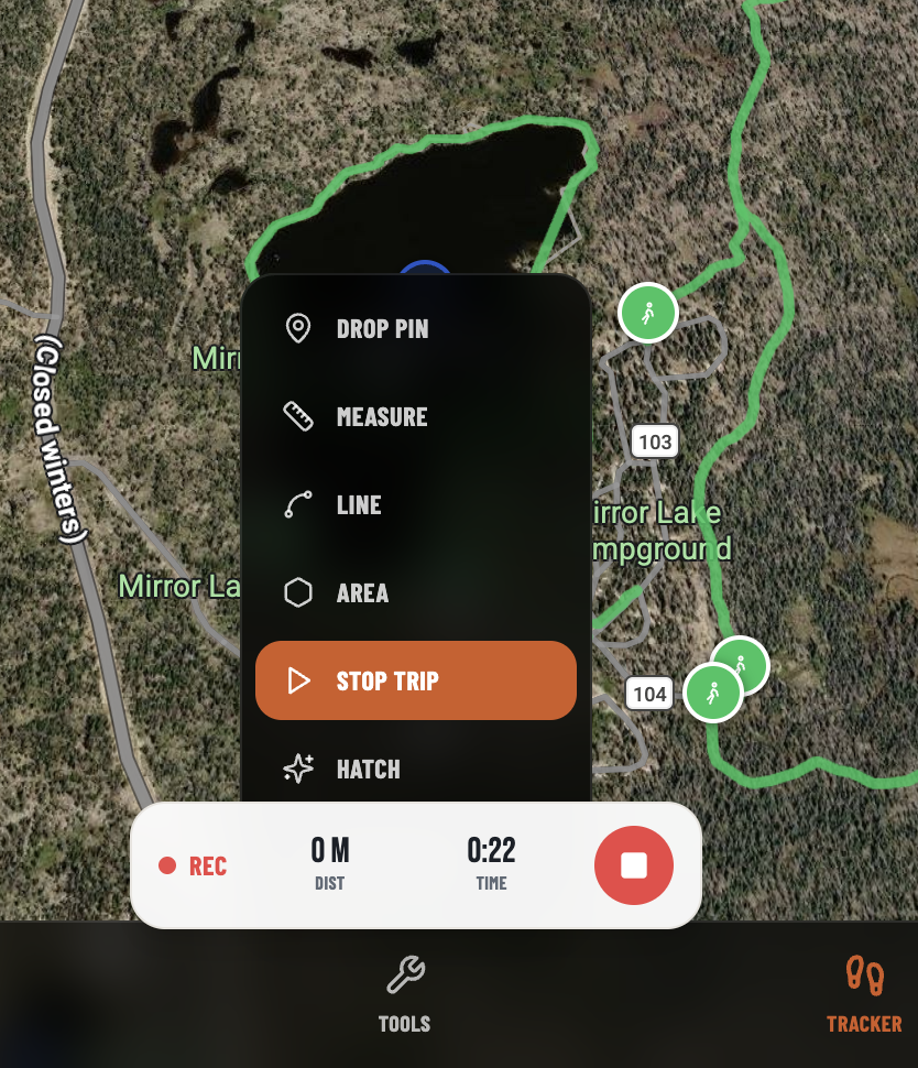 KYPE Maps trip tracker panel with recording indicator, distance, and time