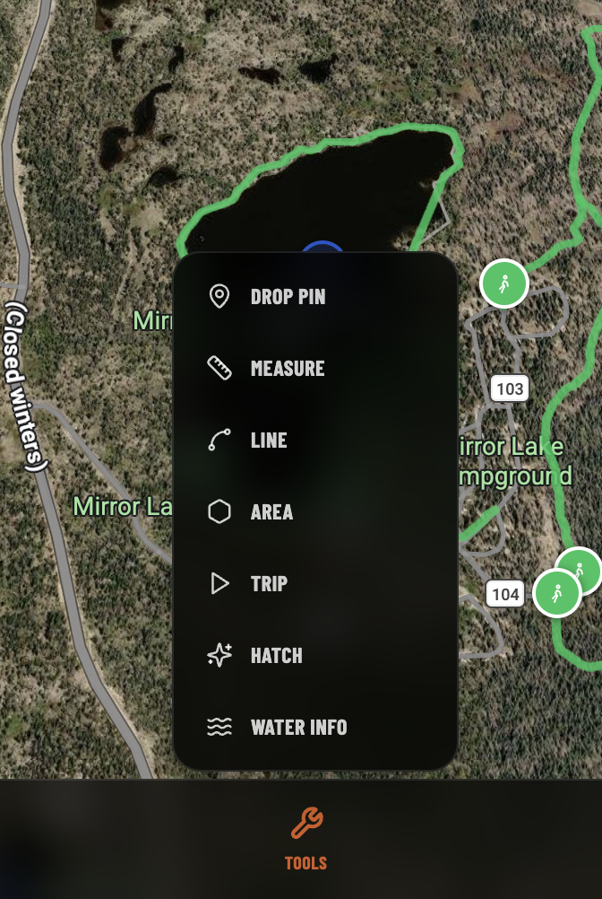 KYPE Maps tools menu with drop pin, measure, line, area, trip, hatch, and water info options