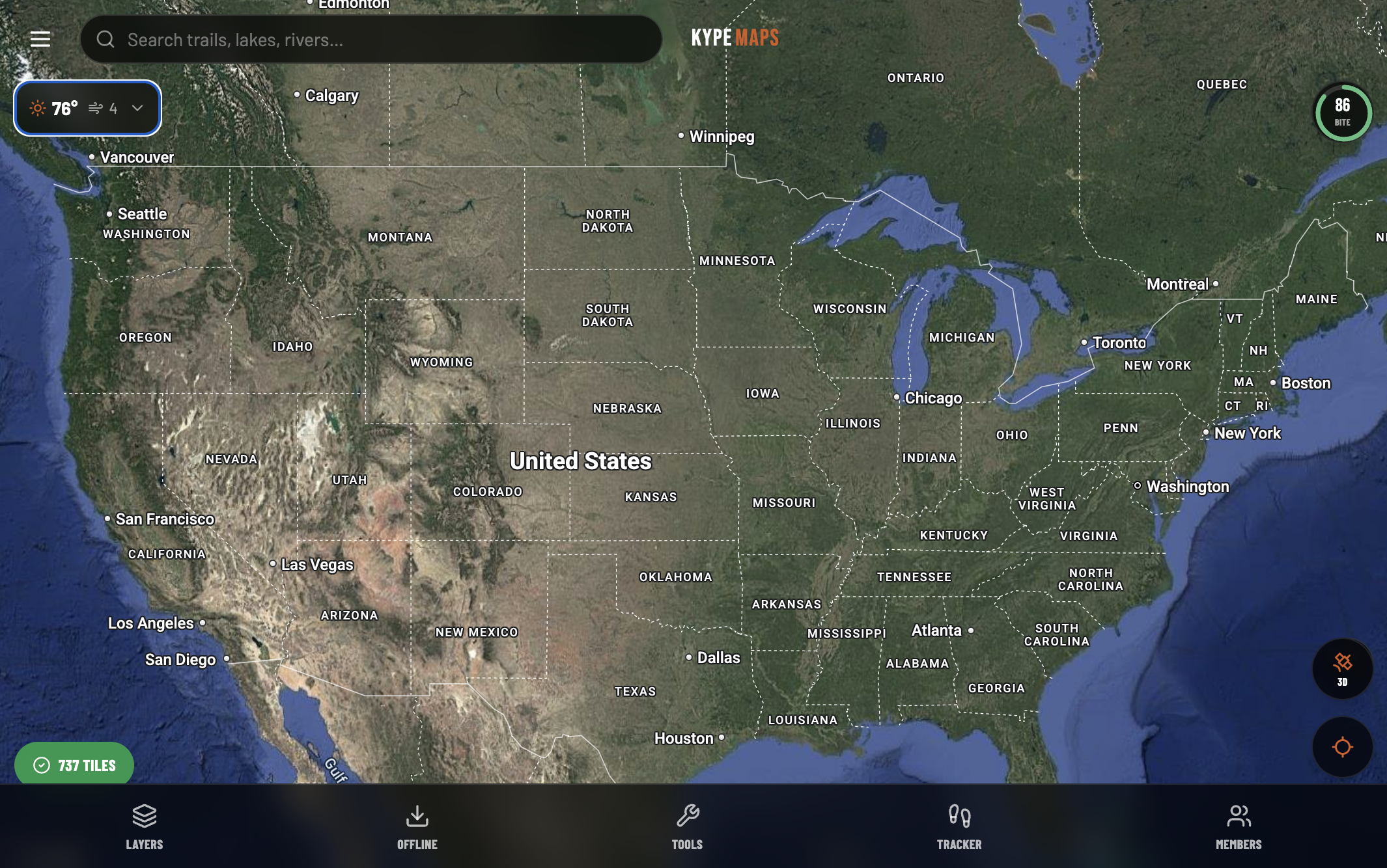 KYPE Maps full interface showing satellite terrain, search bar, weather widget, bite score, and bottom navigation