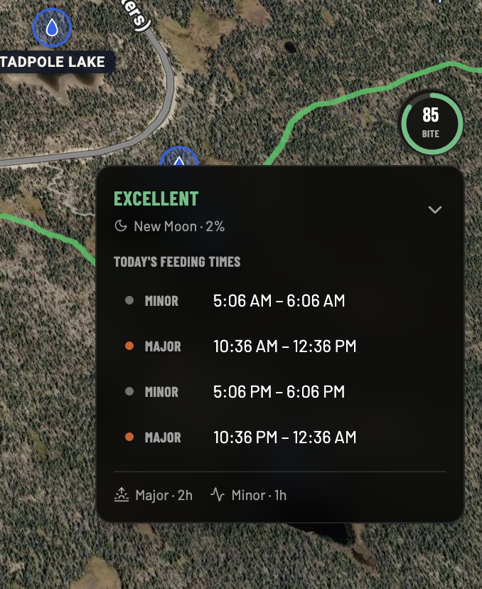 KYPE Maps bite forecast card showing feeding times, moon phase, and bite score