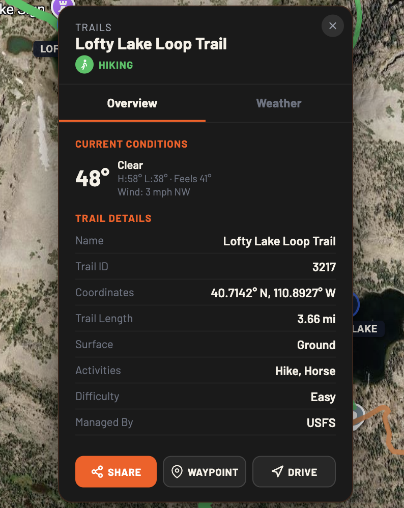 KYPE Maps trail info popup with overview tab, current conditions, and trail details