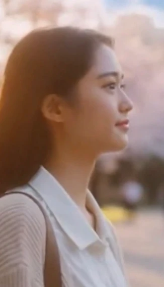 桜並木で夕陽に照らされる女性の横顔