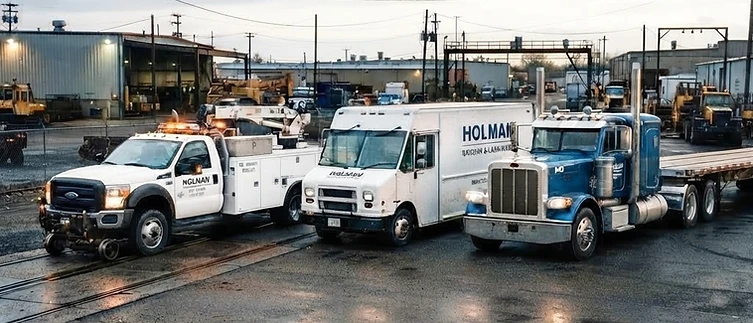 Holman fleet vehicles — railroad rail repair truck, uniform delivery truck, and Peterbilt tractor parked together