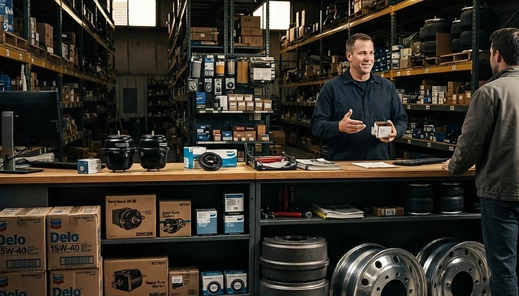MTG Shops heavy-duty parts department with Chevron Delo oil, brake chambers, drums, 22.5 steel wheels, air bags and a parts specialist