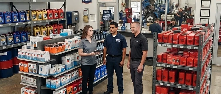 Oil, filter, and commercial tire vendor representatives with product displays in the MTG Shops truck repair lobby