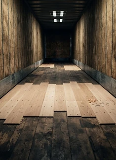 New hardwood floor boards installed inside a dry van trailer