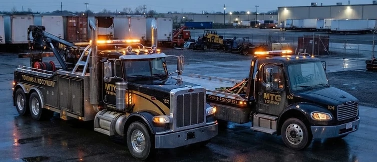 MTG Towing heavy-duty Peterbilt wrecker and medium-duty wrecker with Towing & Recovery lettering