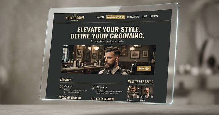 Barber shop website concept shown on a floating glass screen