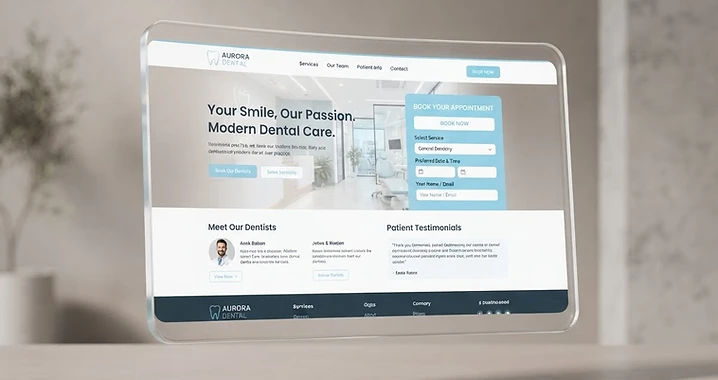 Responsive dental practice website concept displayed on a floating glass screen