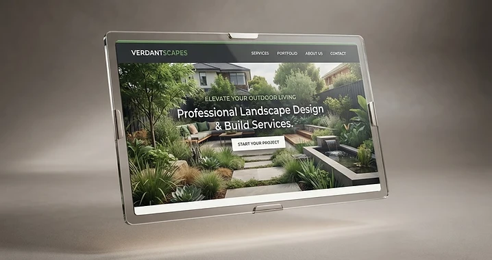 Custom website design concept for a landscaping company shown on a floating screen