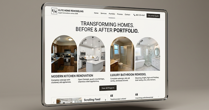 Home remodeling website redesign concept shown on a floating screen