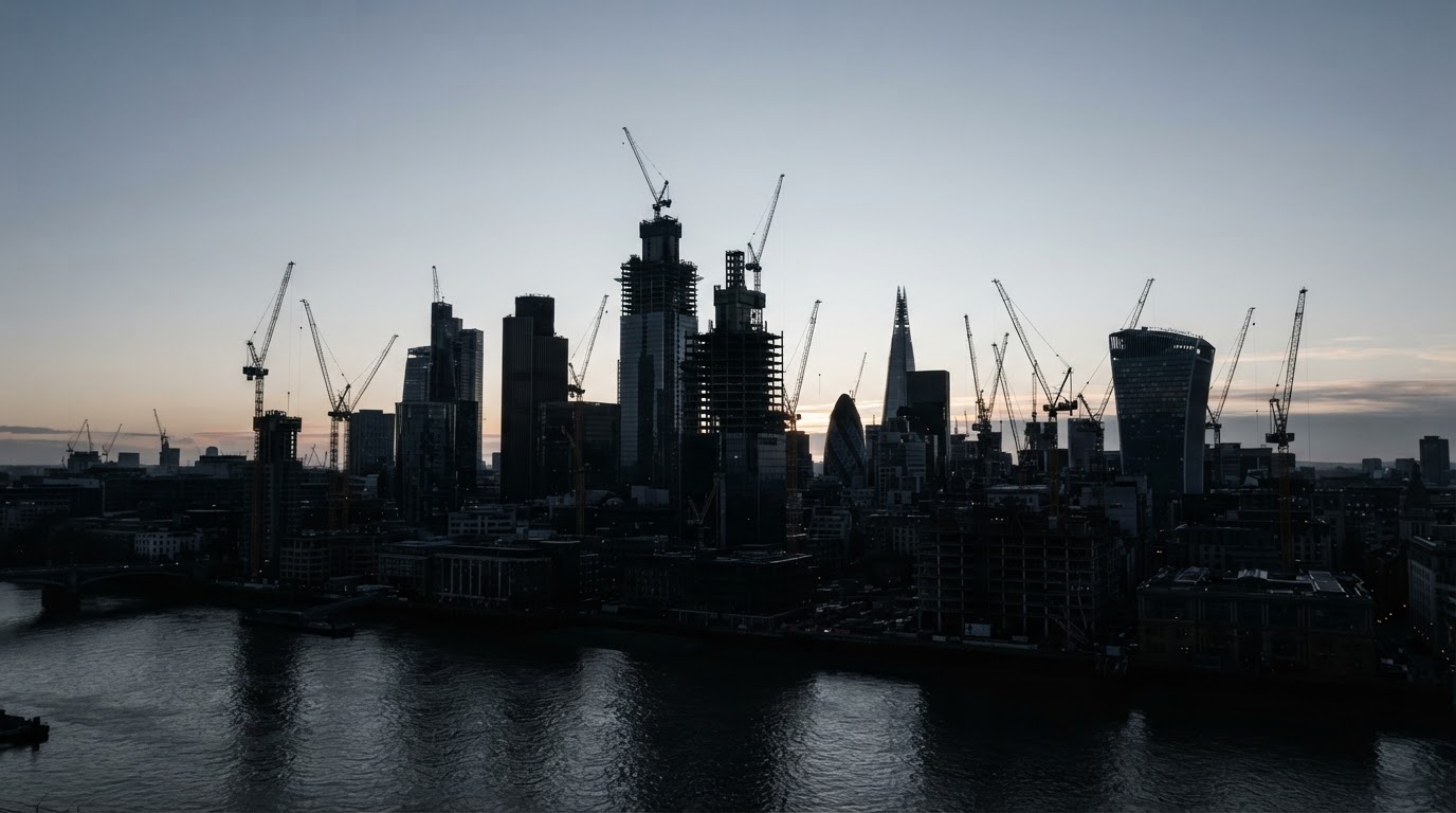 London skyline at dawn with construction cranes