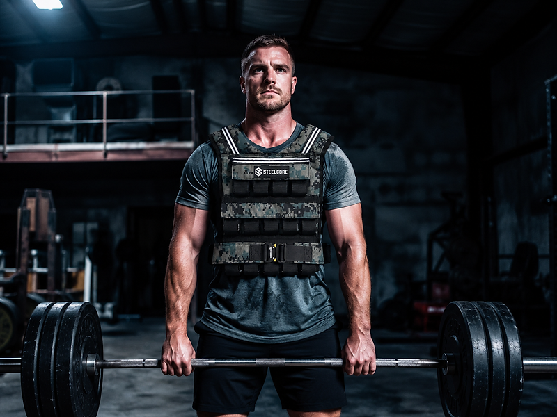 Athlete training with a SteelCore weighted vest in an industrial gym
