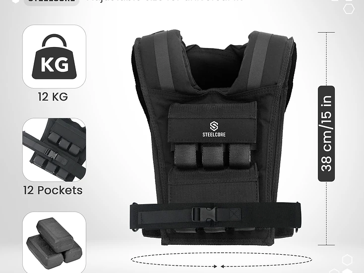 SteelCore 12kg Adjustable Weighted Vest — Laid Flat — Full View