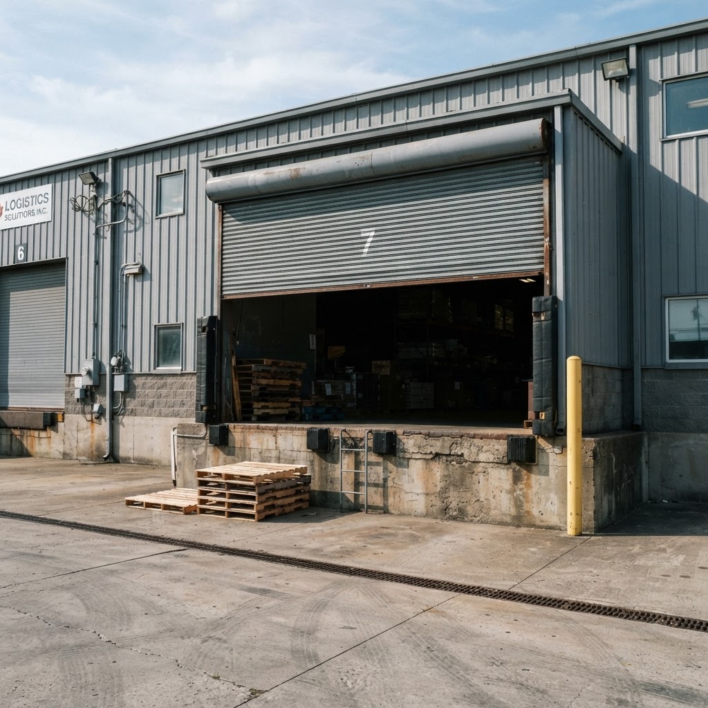 Steel roll-up door on a warehouse loading dock