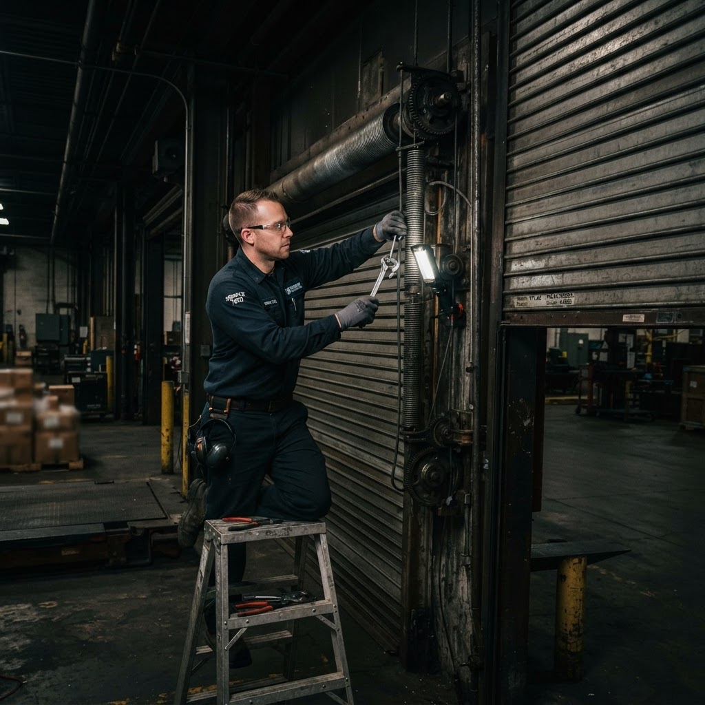Guardian Door technician servicing an industrial steel roll-up door