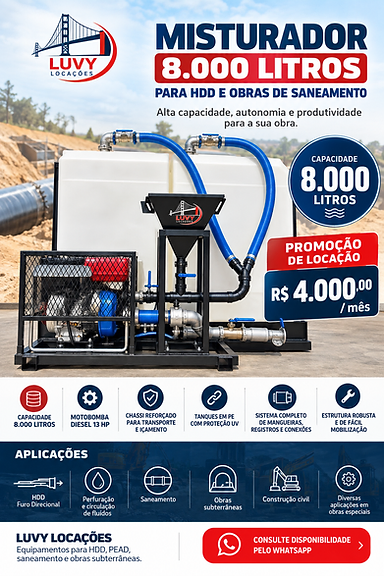 Misturador 8.000 litros para HDD e saneamento disponível para locação na Luvy Locações
