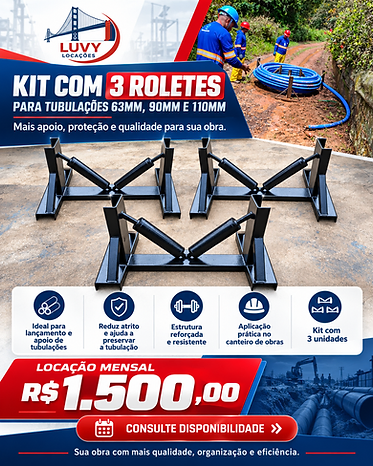 Kit com 3 roletes para tubulações 63mm, 90mm e 110mm disponível para locação na Luvy Locações