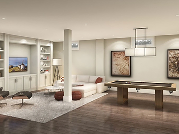 Builder rendering of a finished lower-level recreation room at Esprit Newmarket